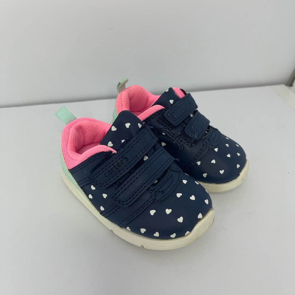 Carters infant Baby 3.5 M Blue Sneakers White Hearts Preloved pink inside Relay
